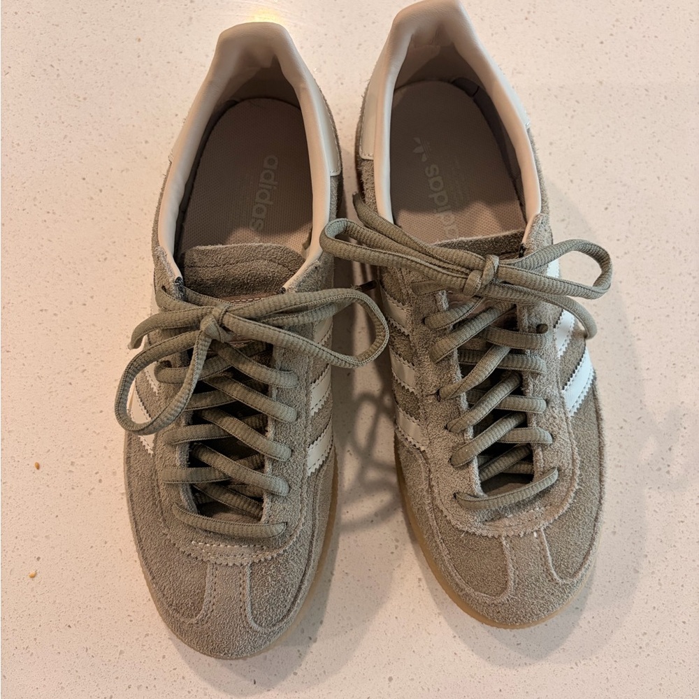 Adidas Taupe Suede Sneakers with White Stripes - Picture 4 of 4